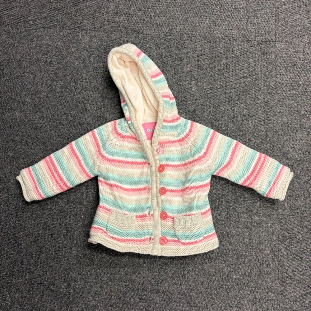 Wippette Kids Baby Girl Striped Hooded Knit Cardigan Sweater Pink Mint 12M
